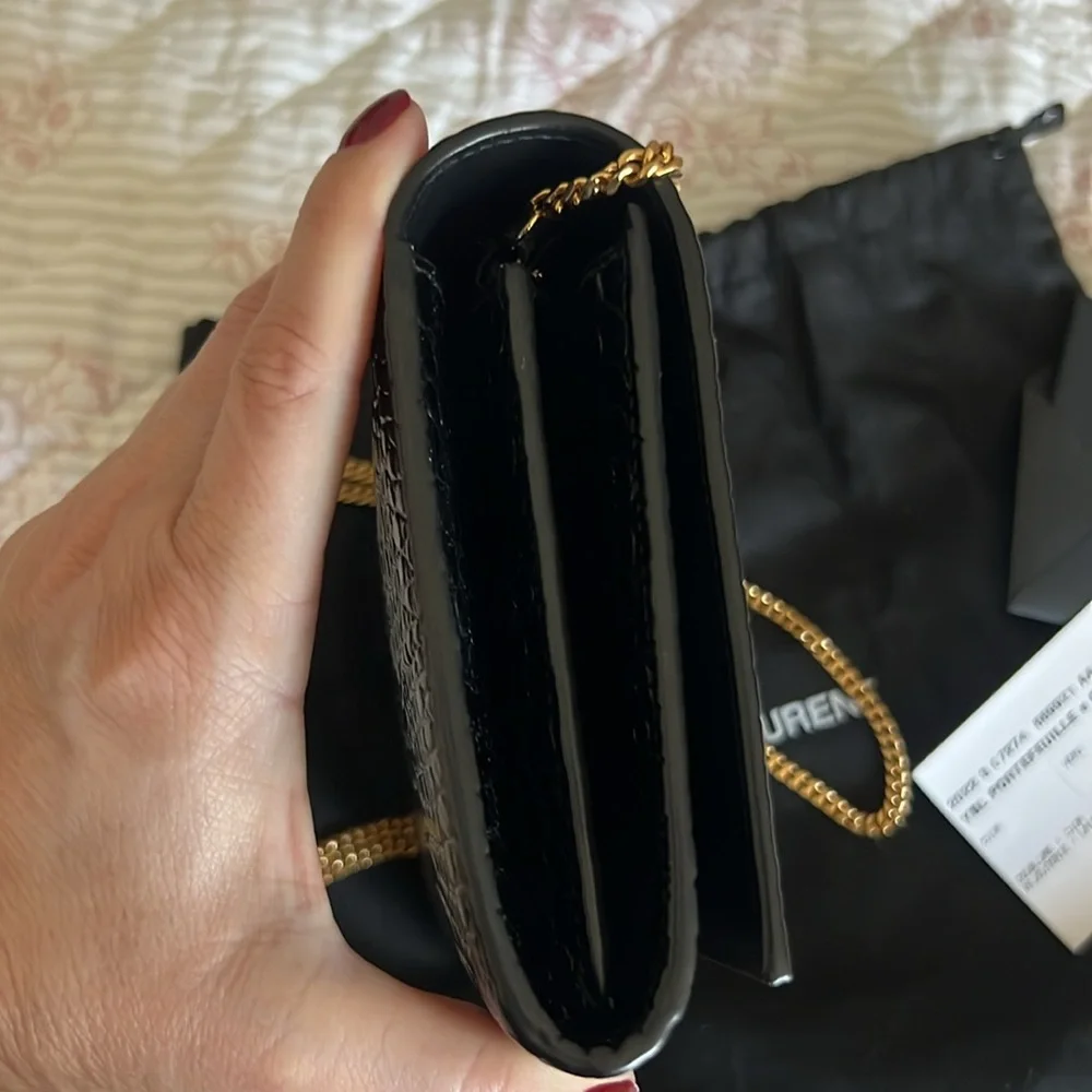NWT Saint Laurent Black Croc Embossed WOC Bag with Gold Logo and removable chain - Picture 7 of 10
